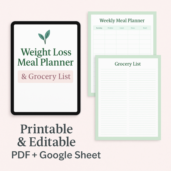 Weight Loss Meal Planner + Grocery List – Printable & Editable (PDF + Google Sheet)