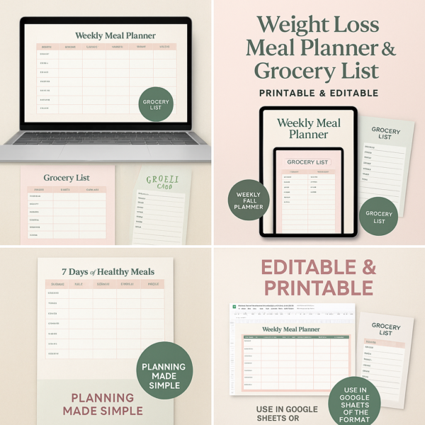Weight Loss Meal Planner + Grocery List – Printable & Editable (PDF + Google Sheet) - Image 4